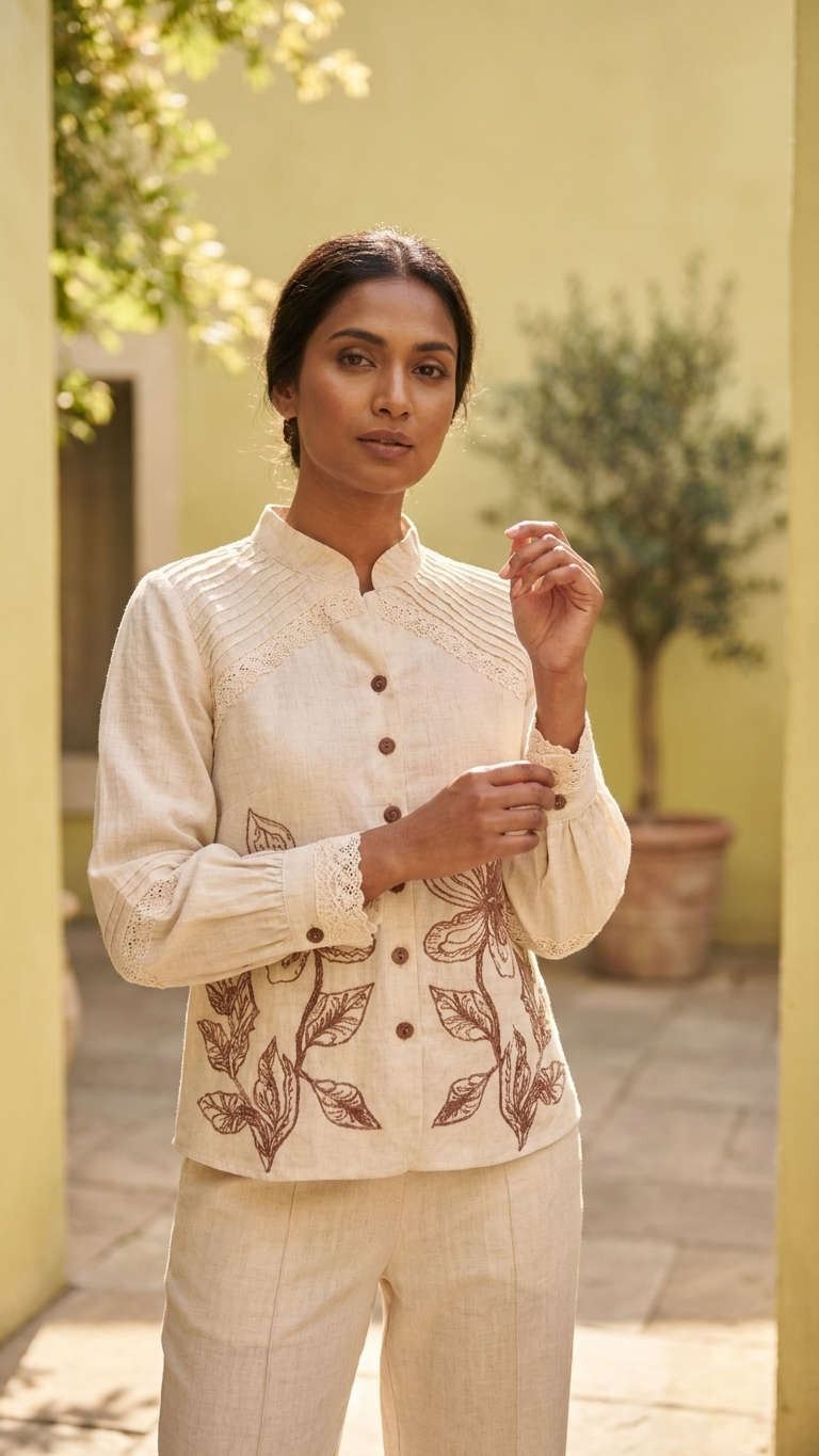 Women's Natural Beige Floral Embroidered Co-Ord Set | Mandarin Collar Shirt & Straight Pants
