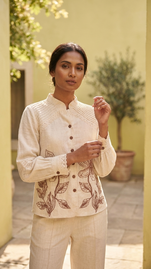Women's Beige Floral Shirt & Pant Set
