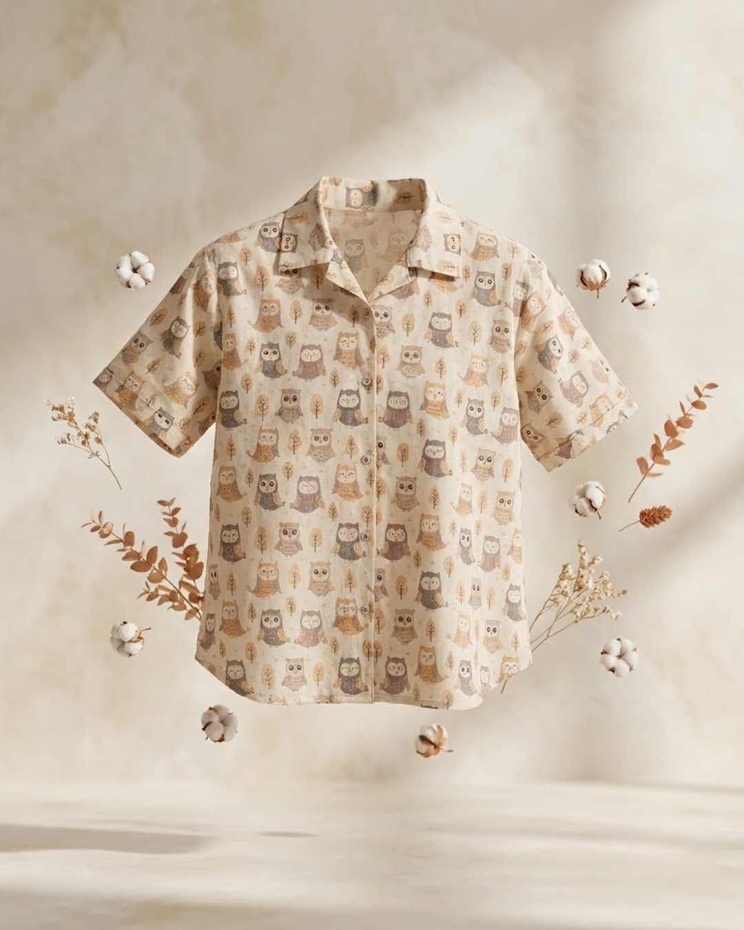 Light Beige Owl Print Button‑Up Shirt
