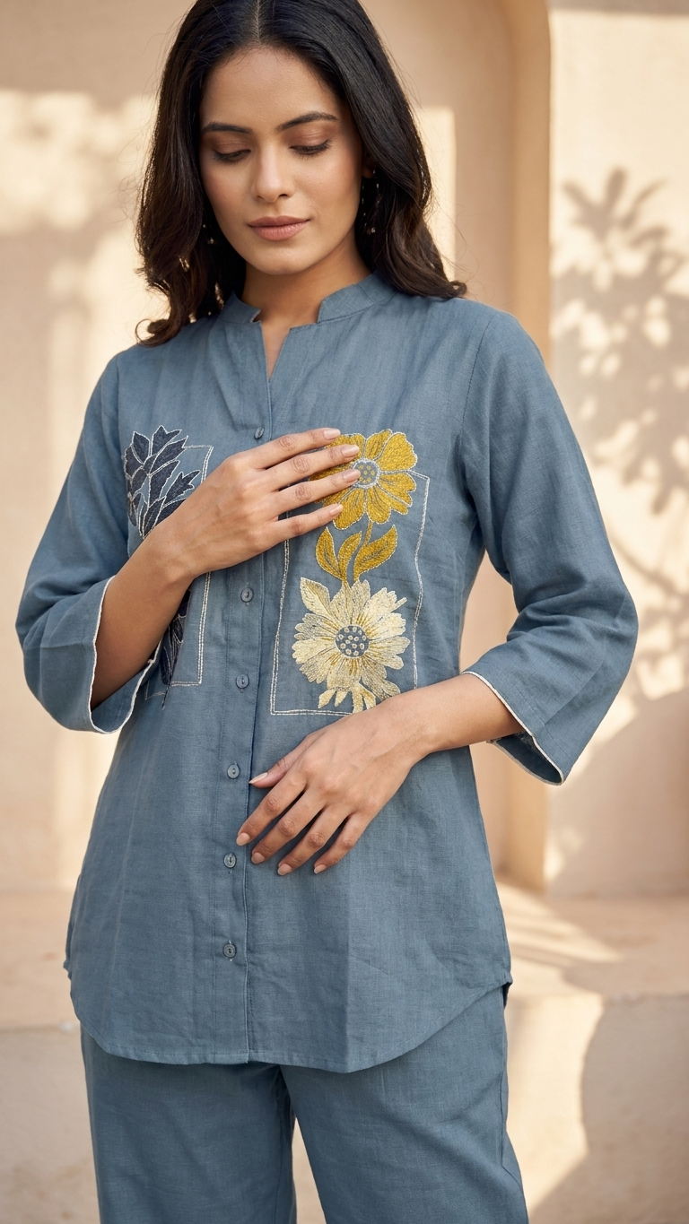 Women's Steel Blue Floral Embroidered Co-Ord Set | Mandarin Collar Shirt with Straight Pants