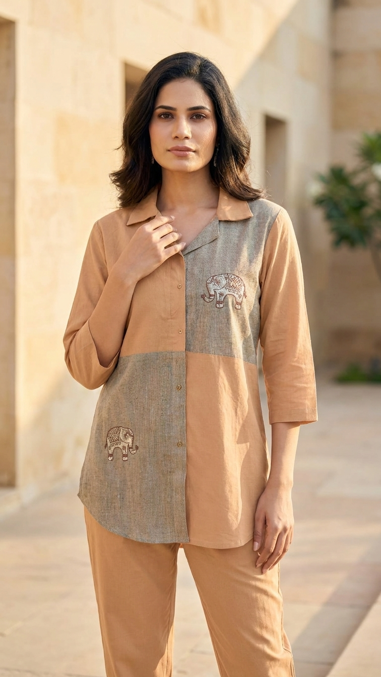 Women's Camel Brown Color Block Embroidered Co-Ord Set | Elephant Motif Shirt & Straight Pants