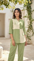 Women's Sage Green Color Block Embroidered Co-Ord Set | Collared Shirt & Straight Pants