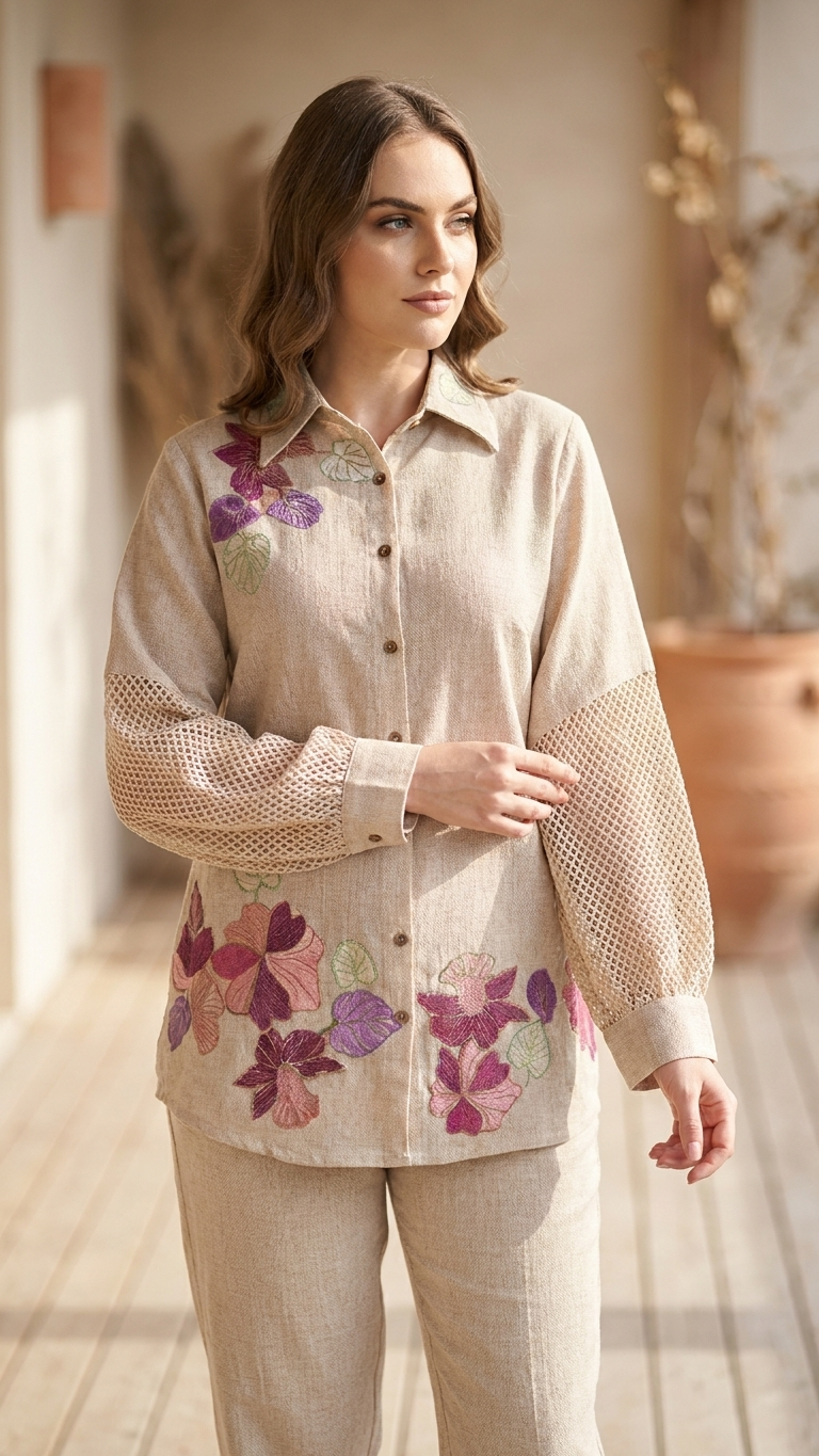 Women's Beige Floral Embroidered Co-Ord Set | Full Sleeve Collared Shirt & Straight Pants