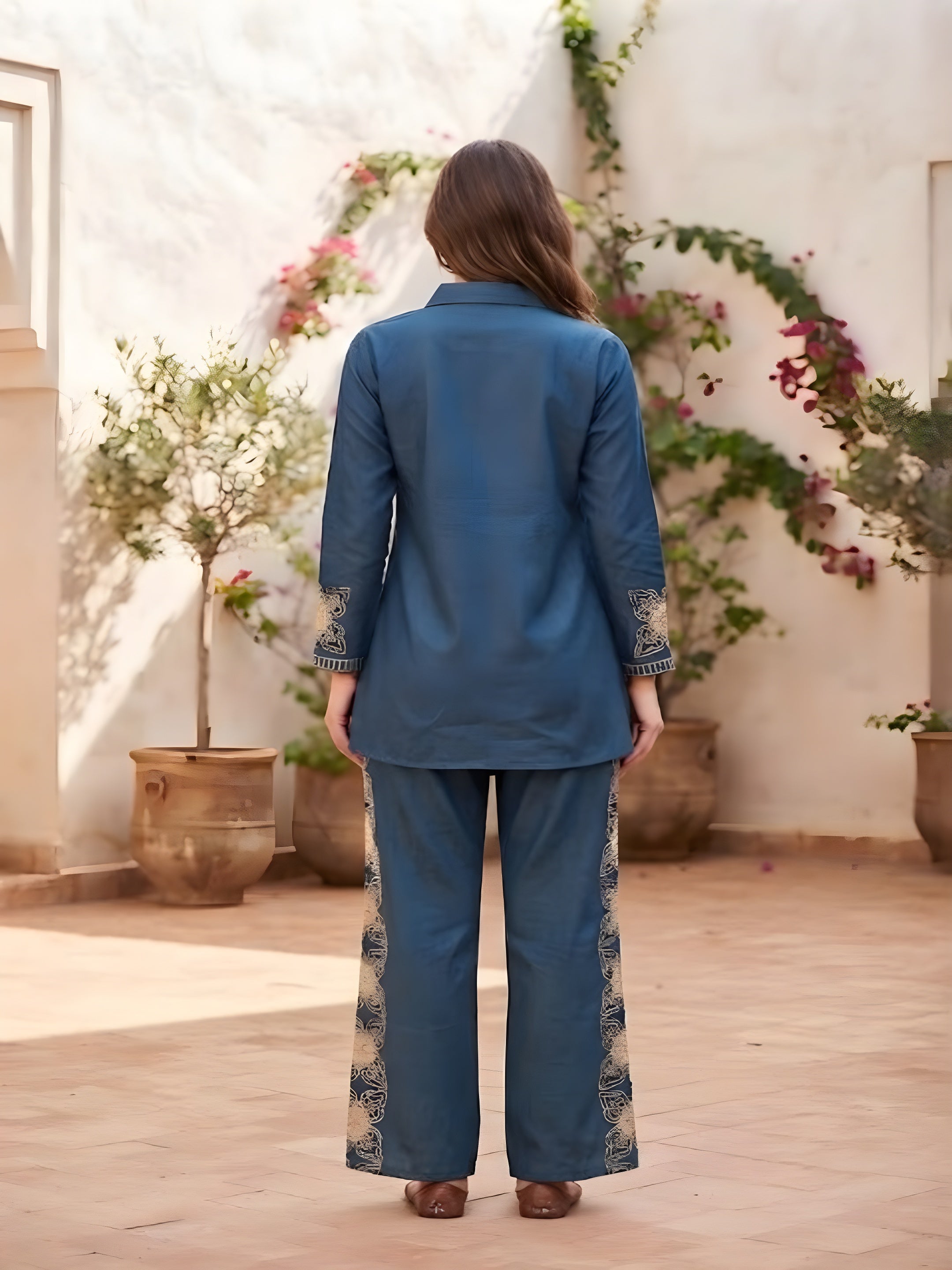 Women's Midnight Blue Printed Co-Ord Set | Full Sleeve Collared Shirt & Straight Pants