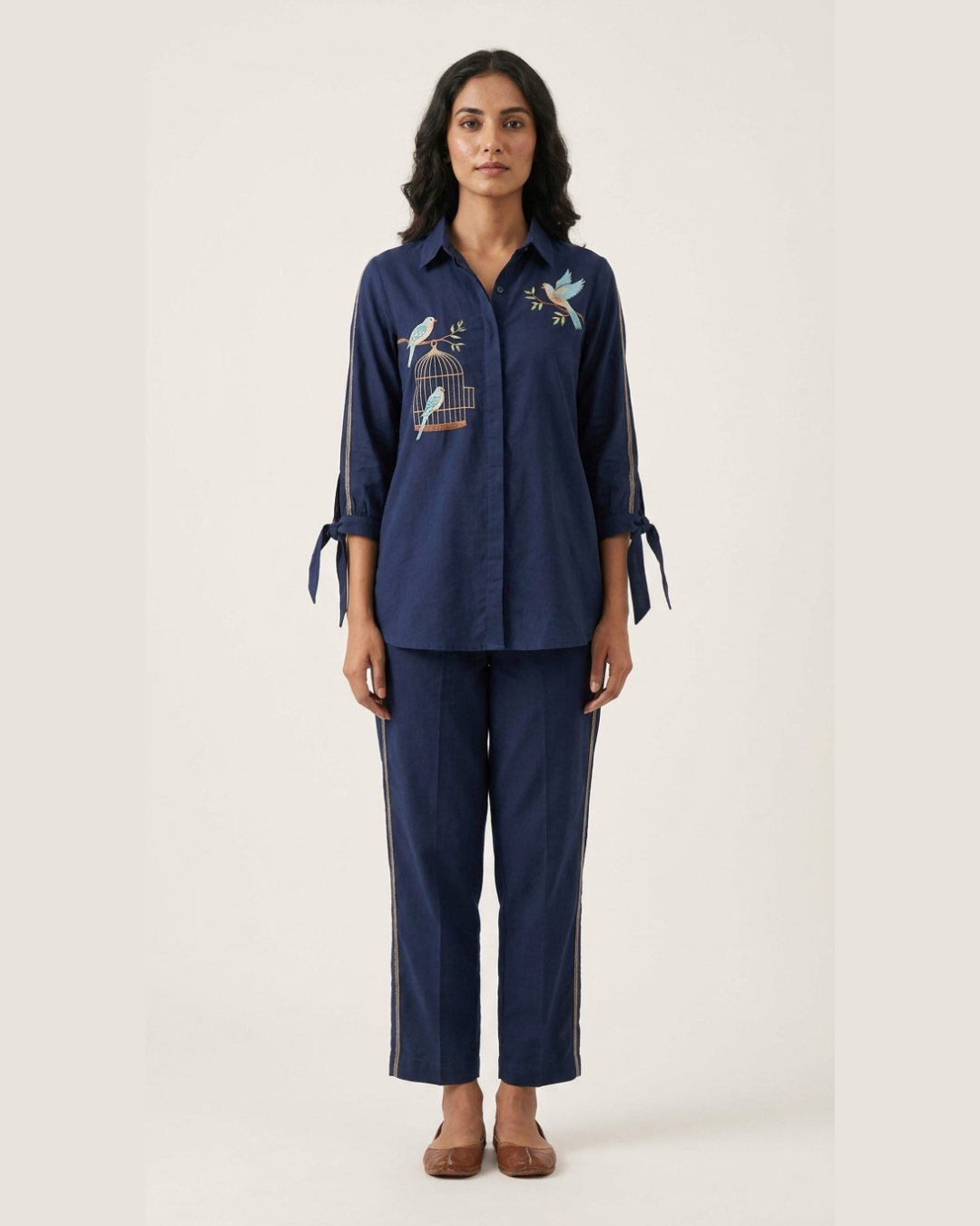 Bird Motif Cotton Shirt & Pant Co-ord Set