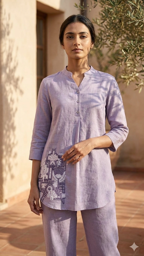 Lavender Embroidered Co-Ord Set | Mandarin Collar Kurta & Straight Pants