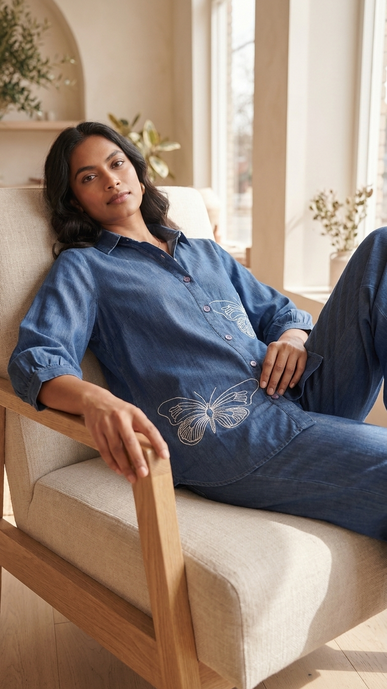 Women's Indigo Blue Butterfly Embroidered Co-Ord Set | Collared Shirt & Wide-Leg Pants