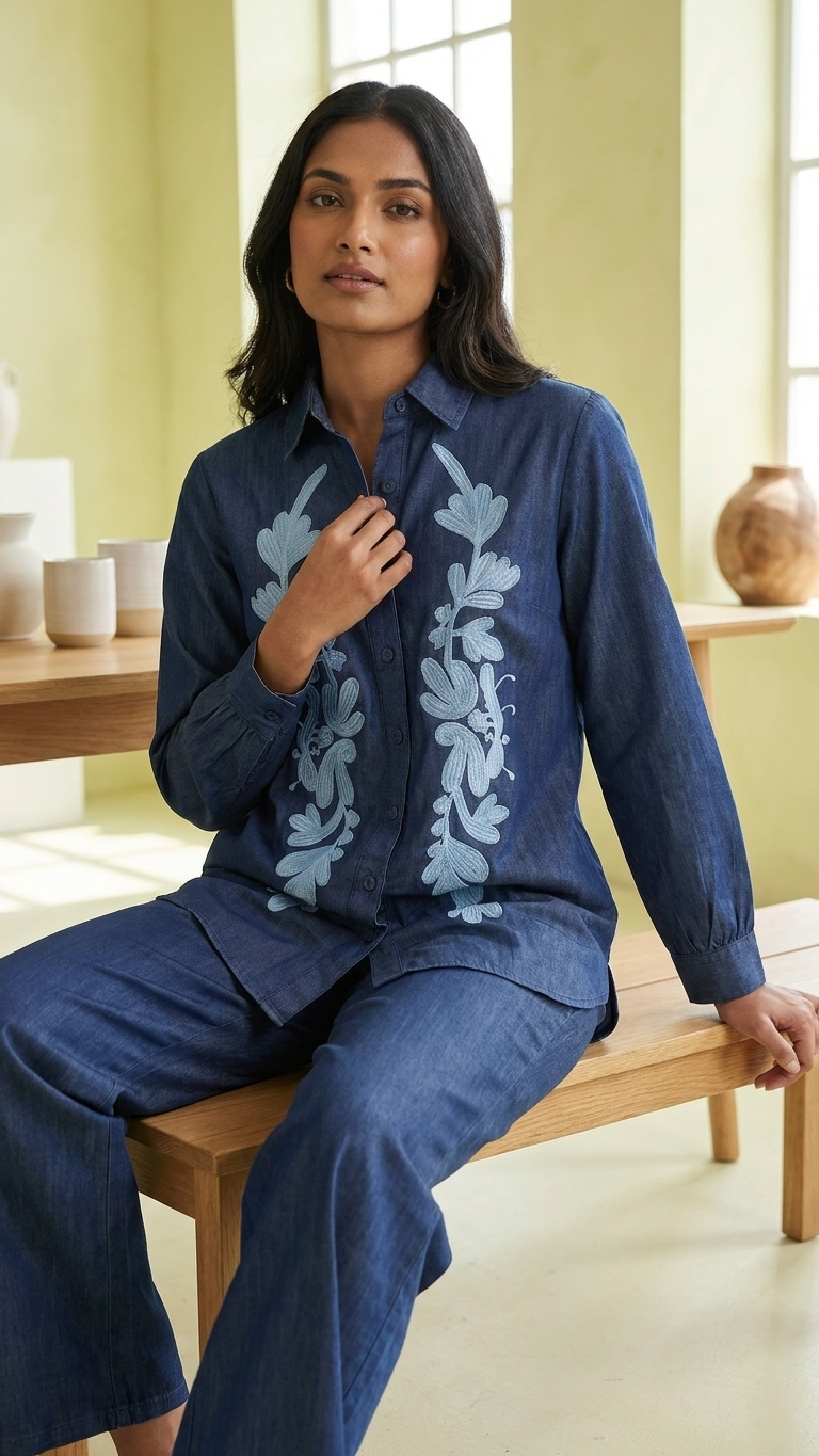 Women's Indigo Blue Floral Embroidered Co-Ord Set | Full Sleeve Collared Shirt & Straight Pants