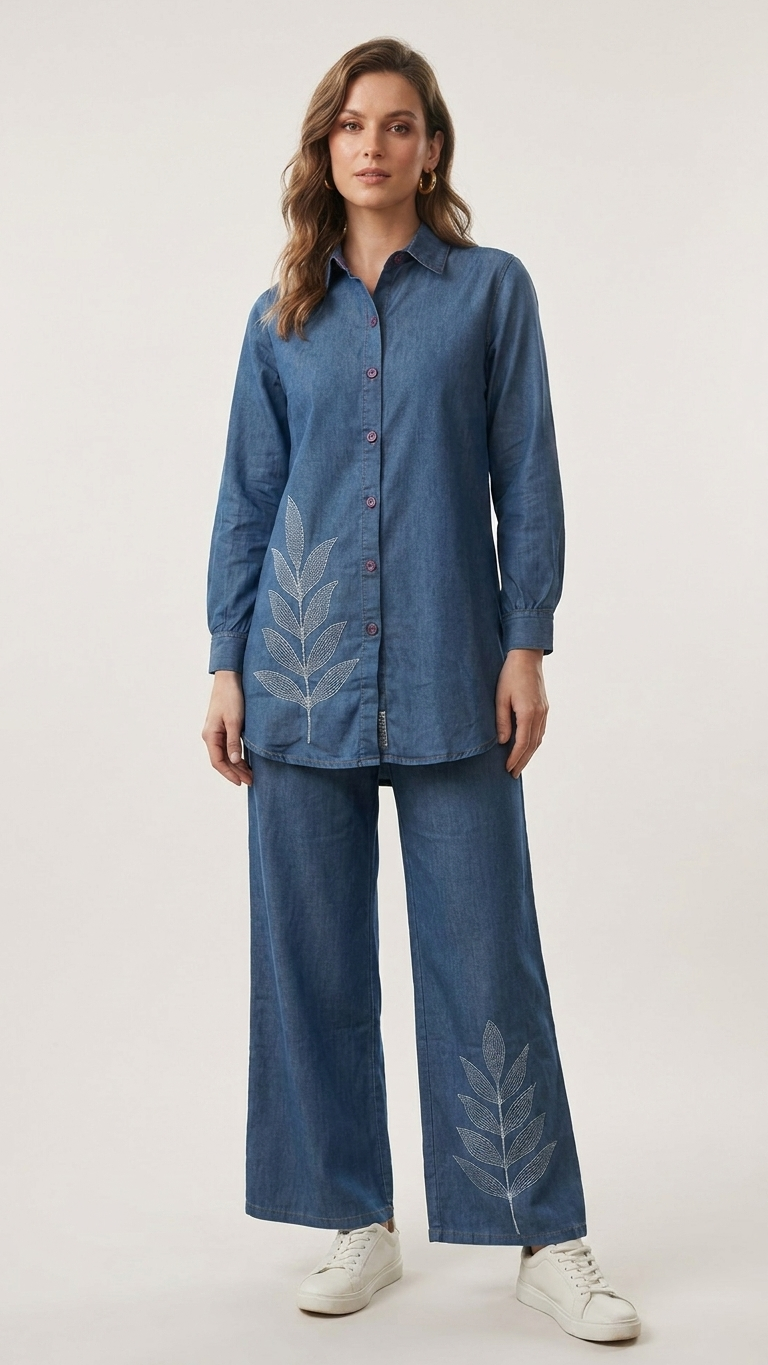 Women's Denim Blue Leaf Embroidered Co-Ord Set | Full Sleeve Collared Shirt & Wide-Leg Pants