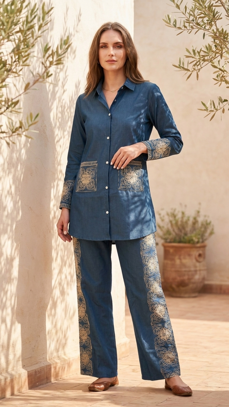 Women’s Indigo Embroidered Co-Ord Set
