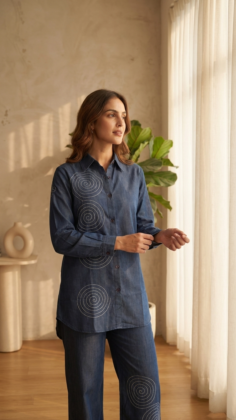 Women's Indigo Blue Spiral Embroidered Co-Ord Set | Longline Collared Shirt & Straight Pants