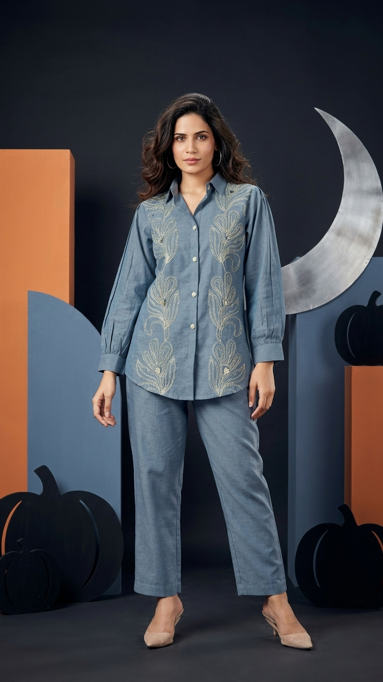 Embroidered Colorblock Lavender Linen Co-Ord Set