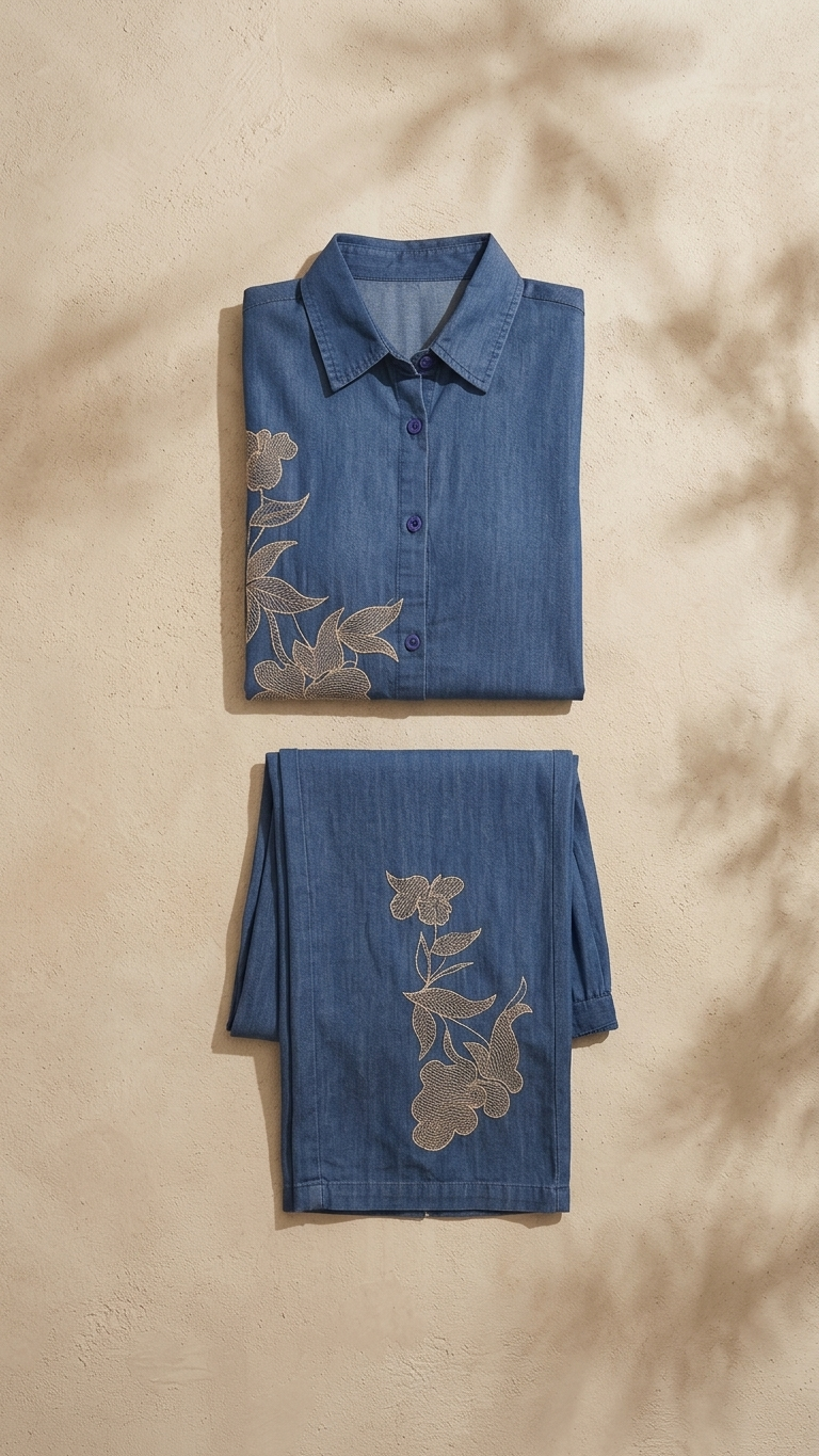 Women's Denim Blue Floral Embroidered Co-Ord Set | Longline Collared Shirt & Straight Pants