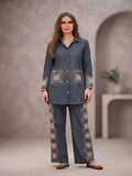 Women's Charcoal Grey Printed Co-Ord Set | Full Sleeve Collared Shirt & Straight Pants