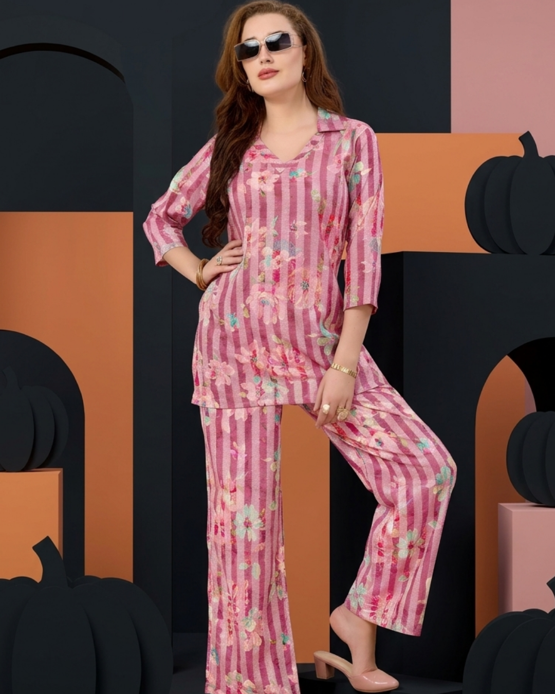 Floral Stripe Cotton Kurta Pant Set – Pink