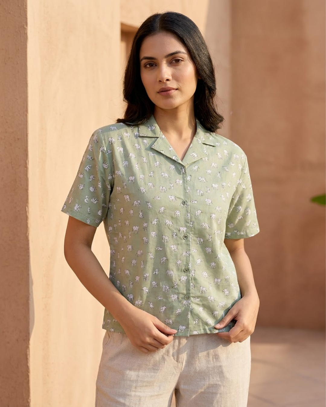 Light Green Elephant Print Button‑Up Shirt