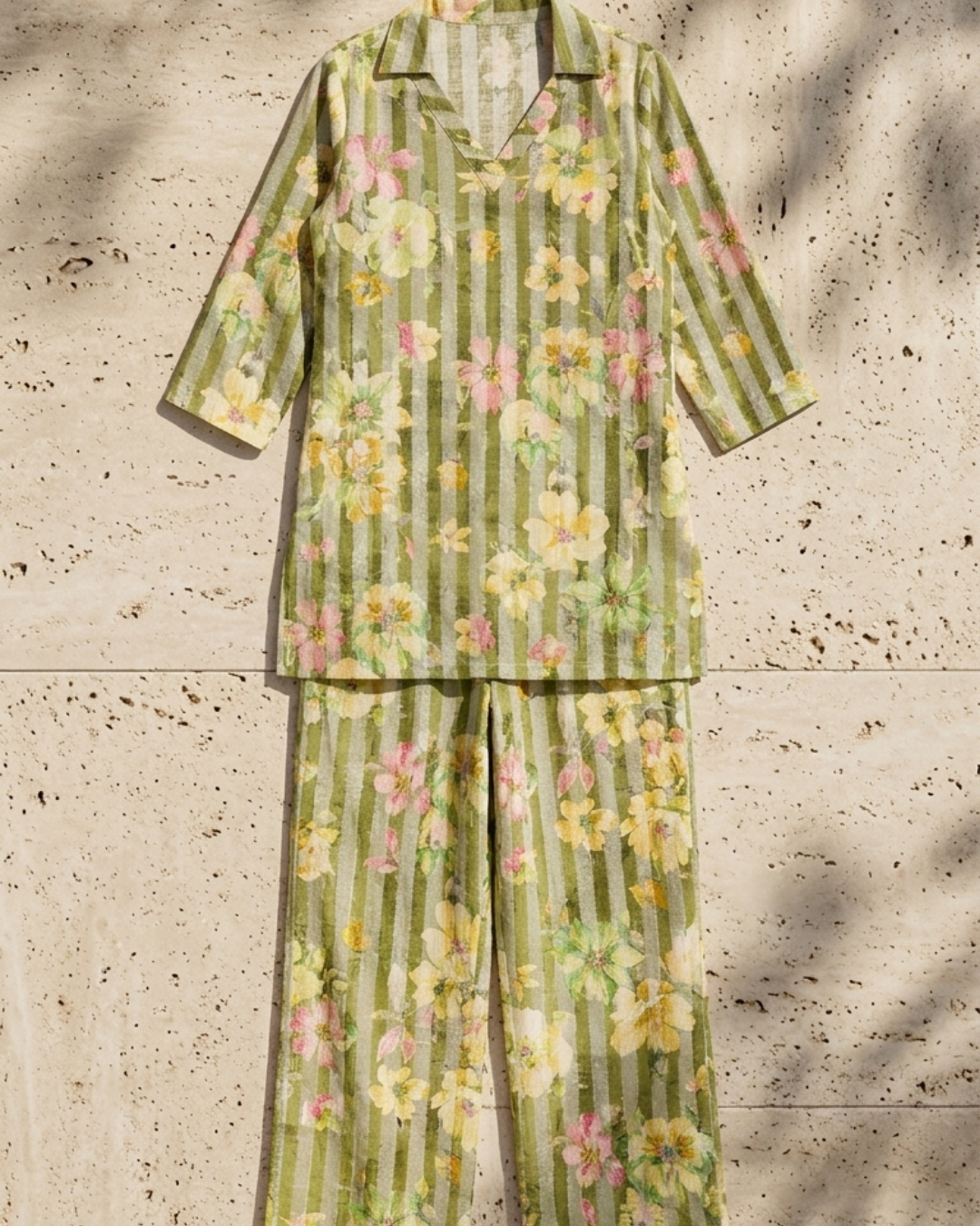 Floral Stripe Cotton Kurta Pant Set