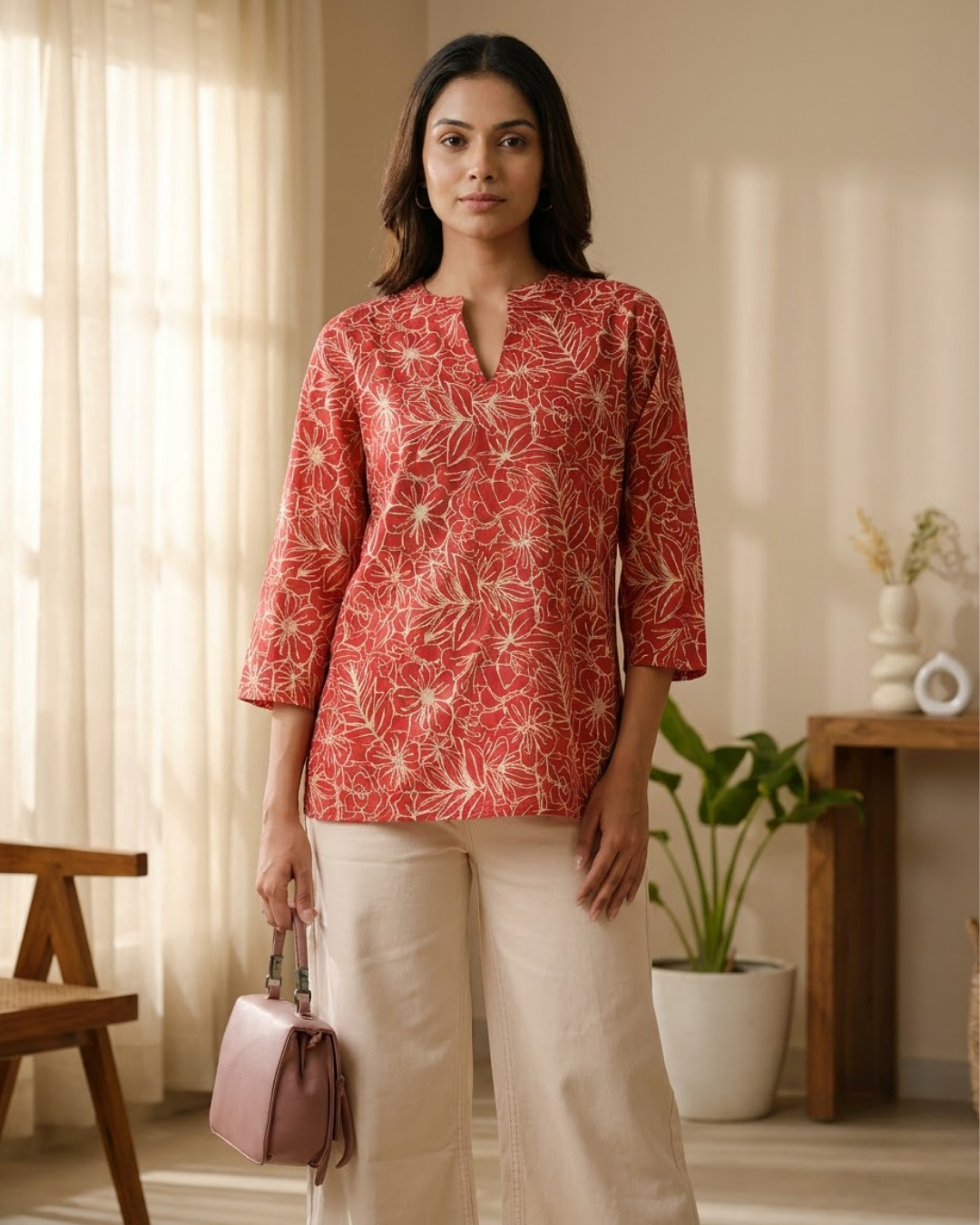 Red Floral V‑Neck Top