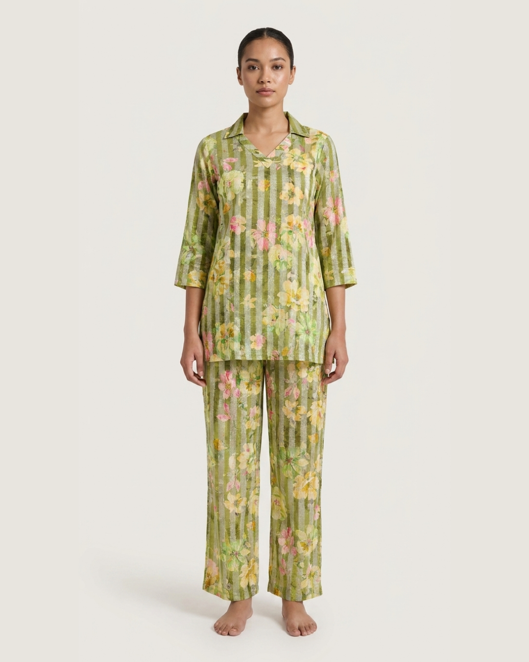 Floral Stripe Cotton Kurta Pant Set