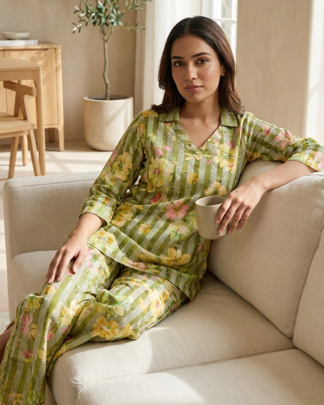 Floral Stripe Cotton Kurta Pant Set