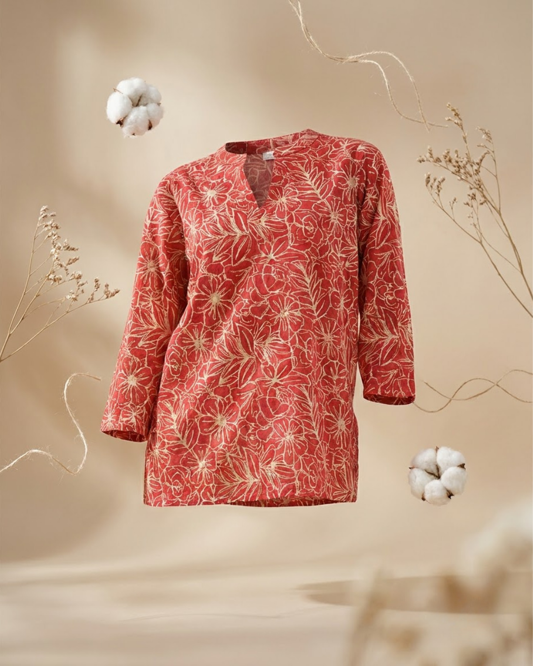 Red Floral V‑Neck Top