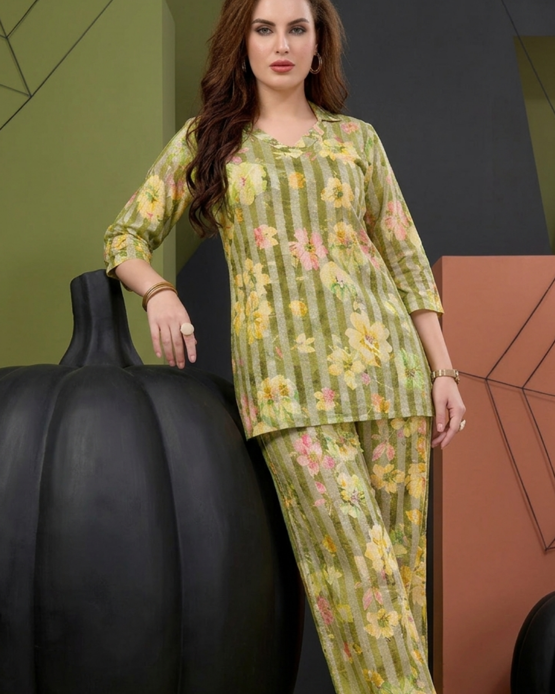 Floral Stripe Cotton Kurta Pant Set