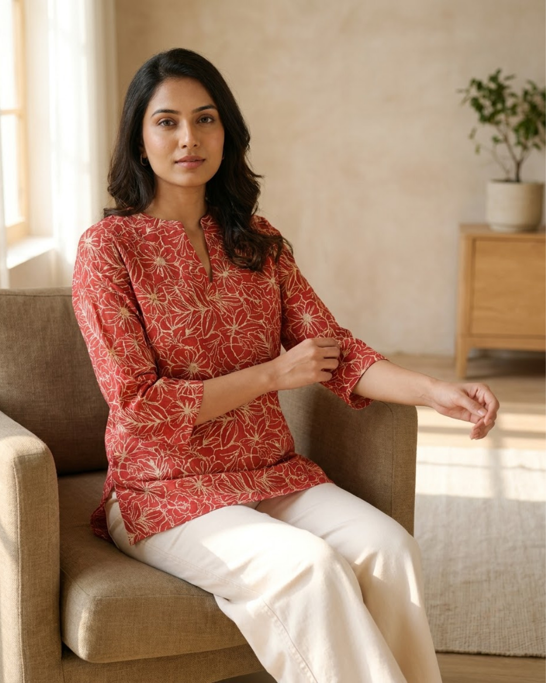 Red Floral V‑Neck Top