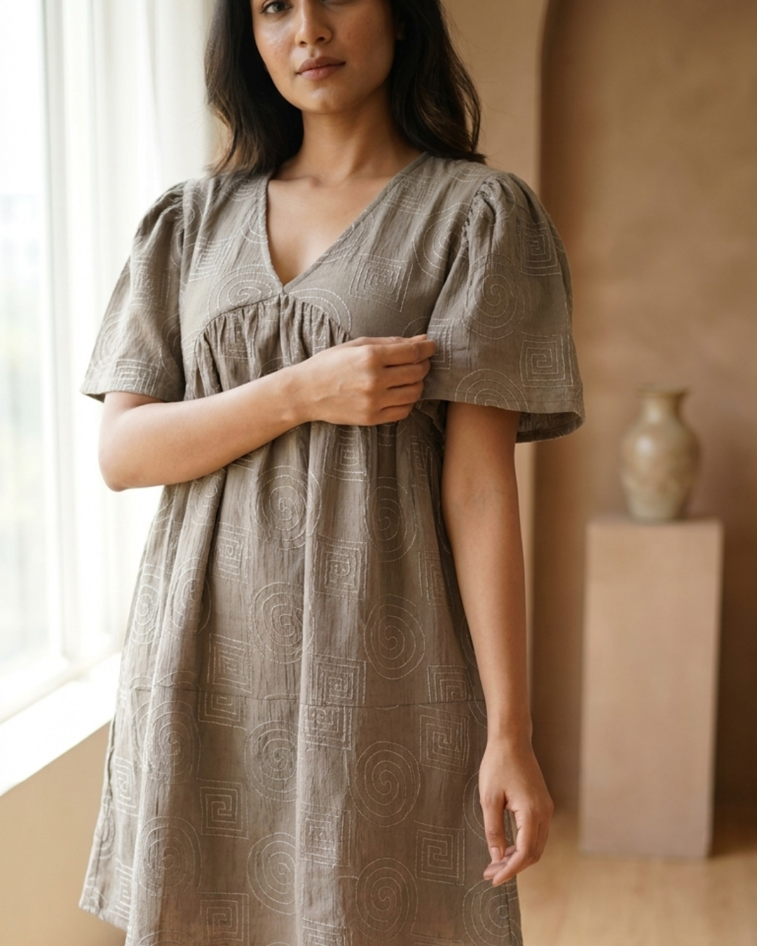 Textured Puff Sleeve Mini Dress
