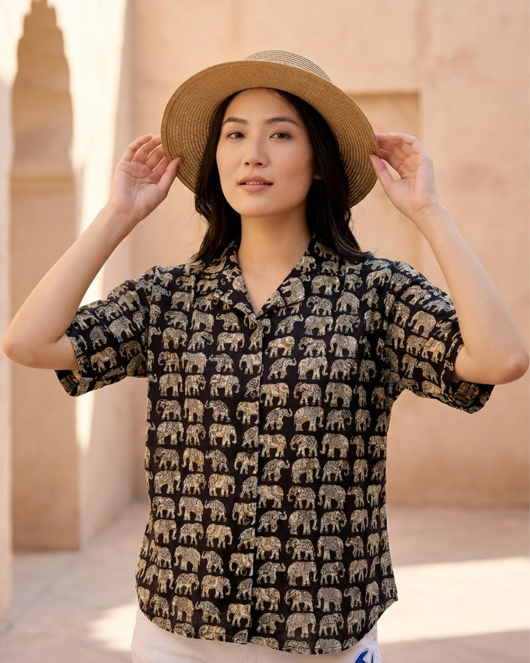 Dark Elephant Print Button‑Up Shirt