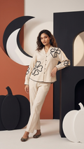 Women's Ivory Floral Appliqué Co-Ord Set | V-Neck Full Sleeve Shirt & Straight Pants