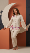 Women's Beige Floral Embroidered Co-Ord Set | Full Sleeve Collared Shirt & Straight Pants