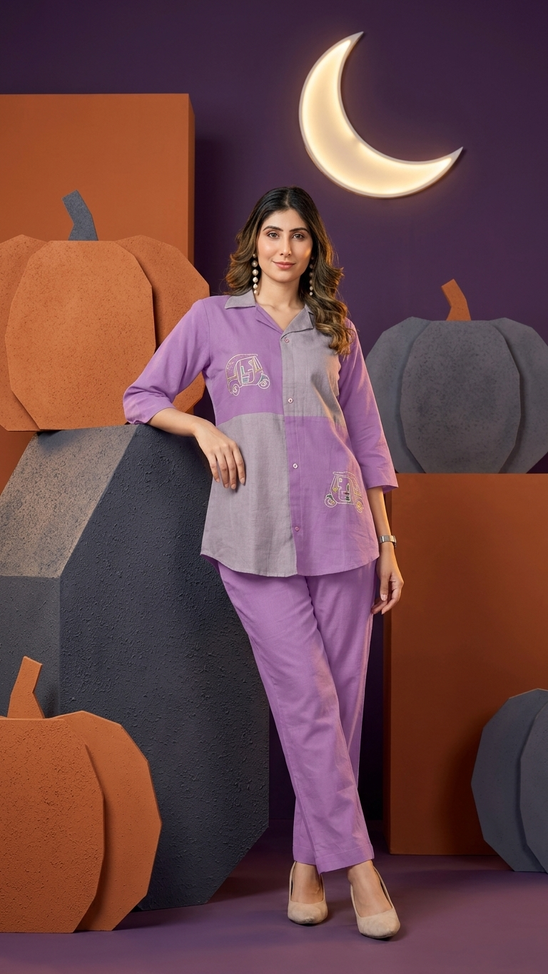 Women's Lavender Color Block Embroidered Co-Ord Set |Motif Shirt & Straight Pants