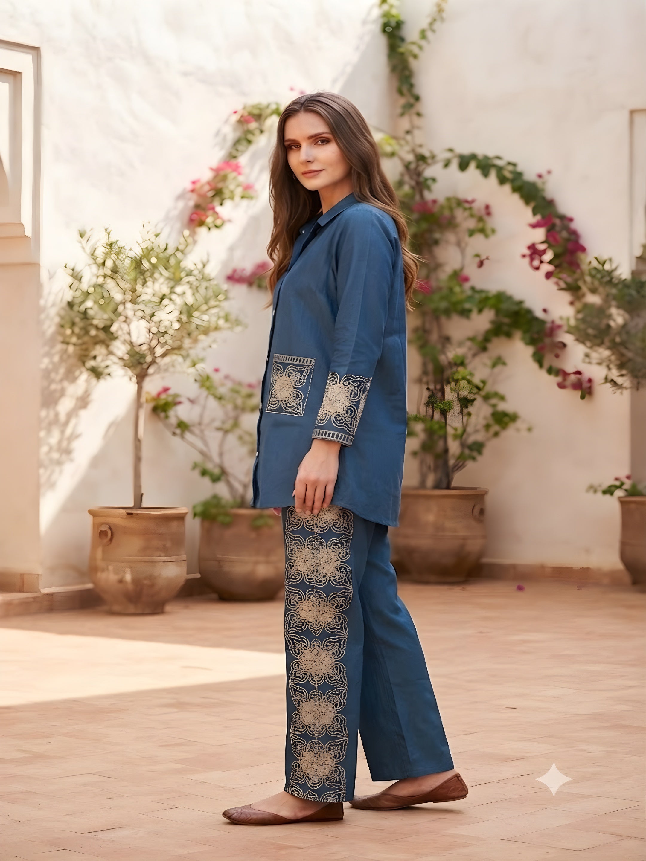 Women's Midnight Blue Printed Co-Ord Set | Full Sleeve Collared Shirt & Straight Pants