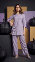 Lavender Embroidered Co-Ord Set | Mandarin Collar Kurta & Straight Pants