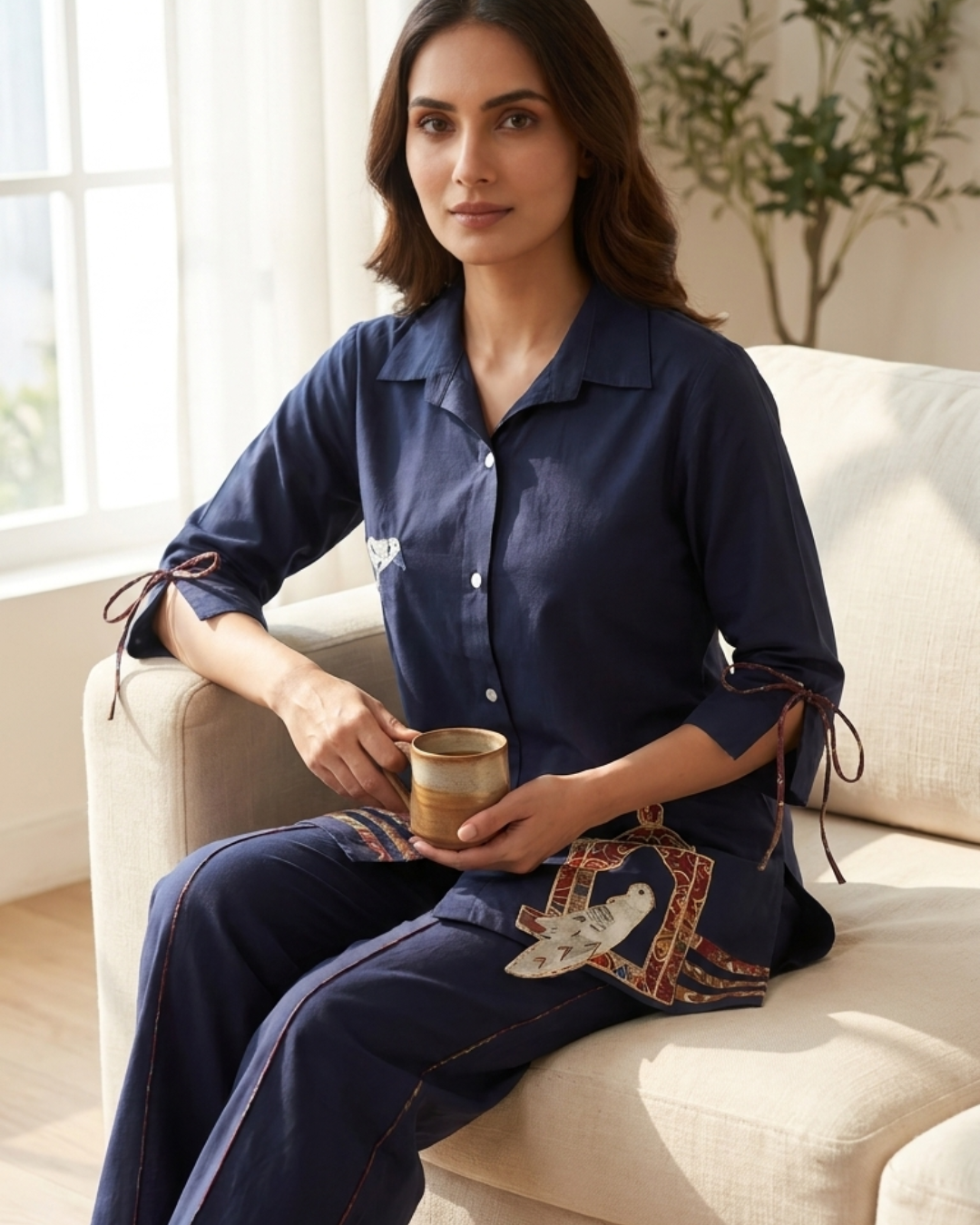 Bird Motif Cotton Shirt & Pant Co-ord Set