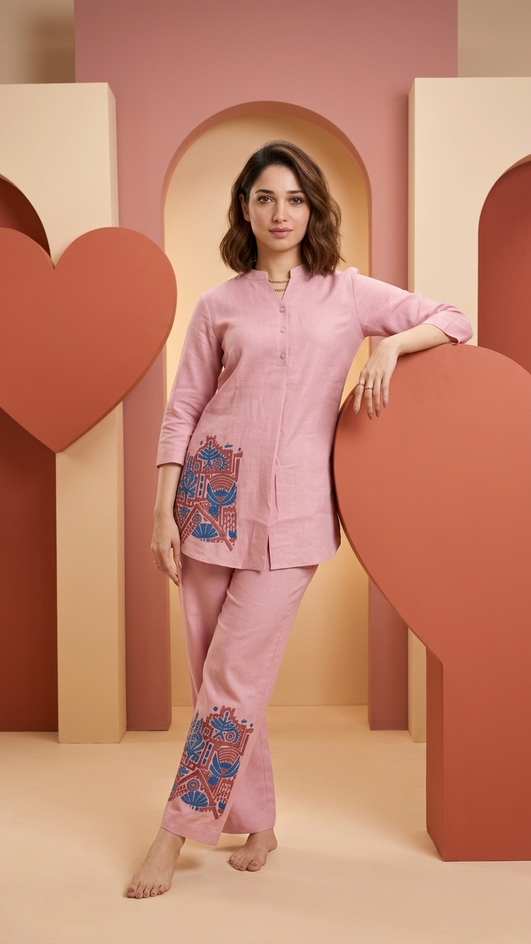 Women's Blush Pink Embroidered Co-Ord Set | Mandarin Collar Kurta & Straight Pants