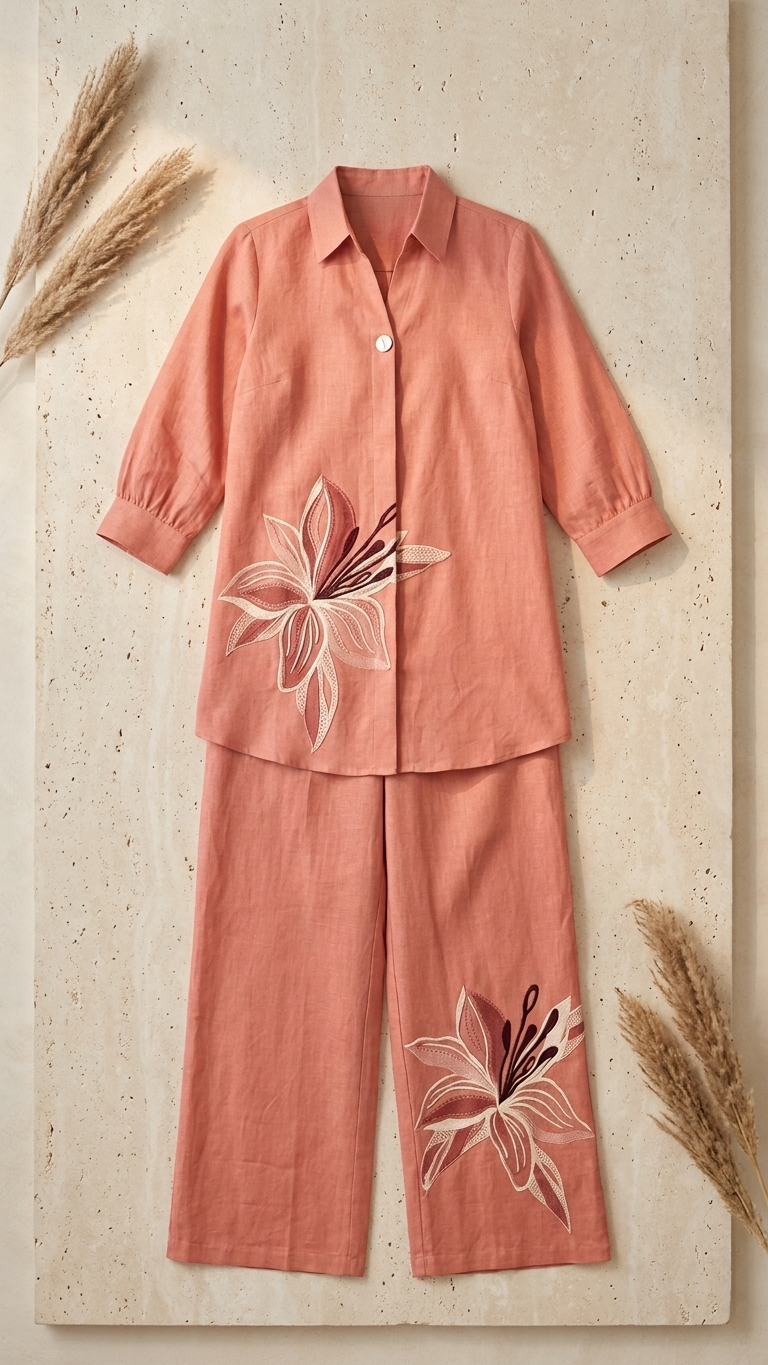 Peach Floral Embroidered Cotton Co-Ord Set with Straight Pants