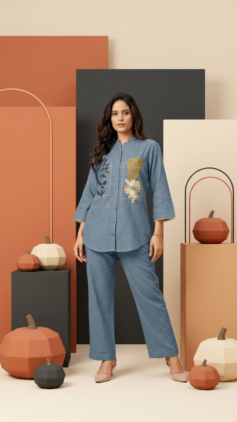 Women's Steel Blue Floral Embroidered Co-Ord Set