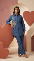 Women's Denim Blue Floral Embroidered Co-Ord Set | Longline Collared Shirt & Straight Pants