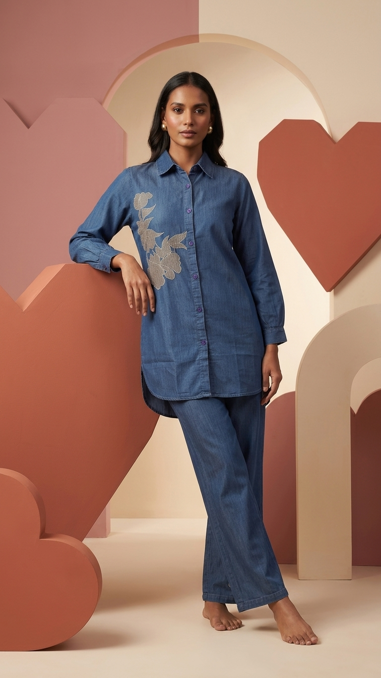 Women's Denim Blue Floral Embroidered Co-Ord Set | Longline Collared Shirt & Straight Pants