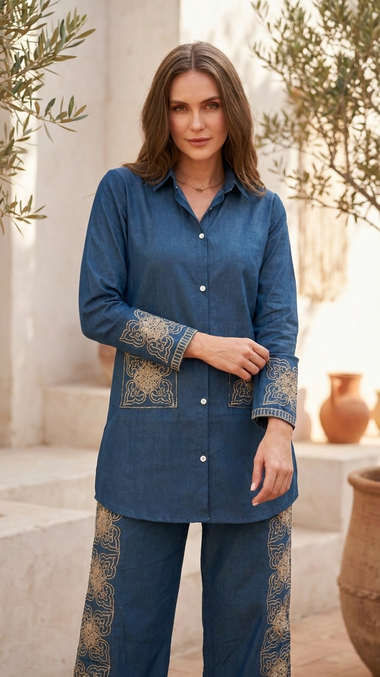 Women’s Indigo Embroidered Co-Ord Set