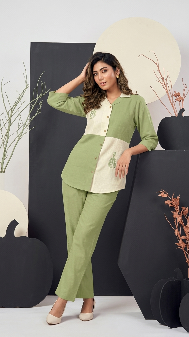 Women's Sage Green Color Block Embroidered Co-Ord Set | Collared Shirt & Straight Pants