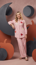 Women's Blush Pink Heart Appliqué Co-Ord Set | Mandarin Collar Shirt & Wide-Leg Pants