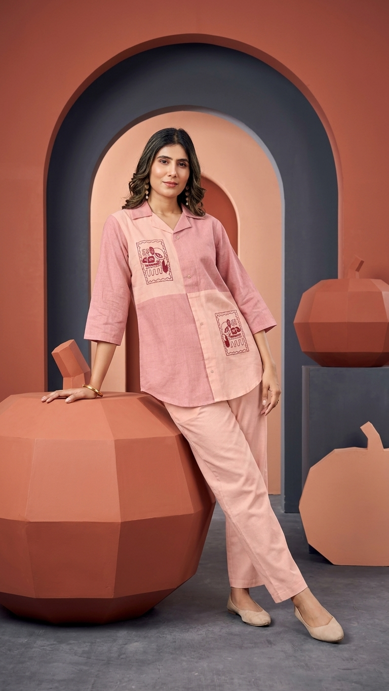 Abstract Motif Embroidered Dusty Pink Linen Co-Ord Set