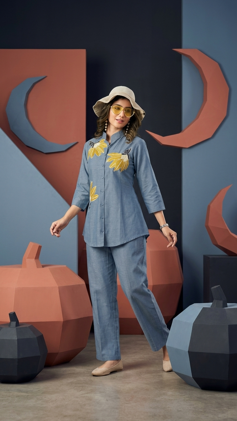 Women's Slate Blue Embroidered Co-Ord Set