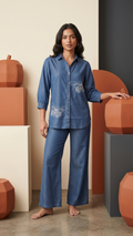 Women's Indigo Blue Butterfly Embroidered Co-Ord Set | Collared Shirt & Wide-Leg Pants