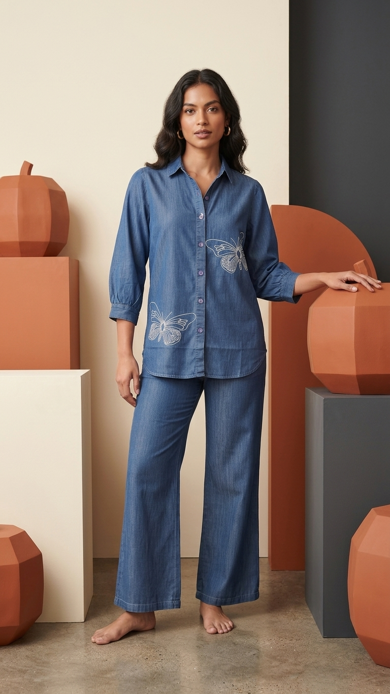 Women's Indigo Blue Butterfly Shirt & Pant Set