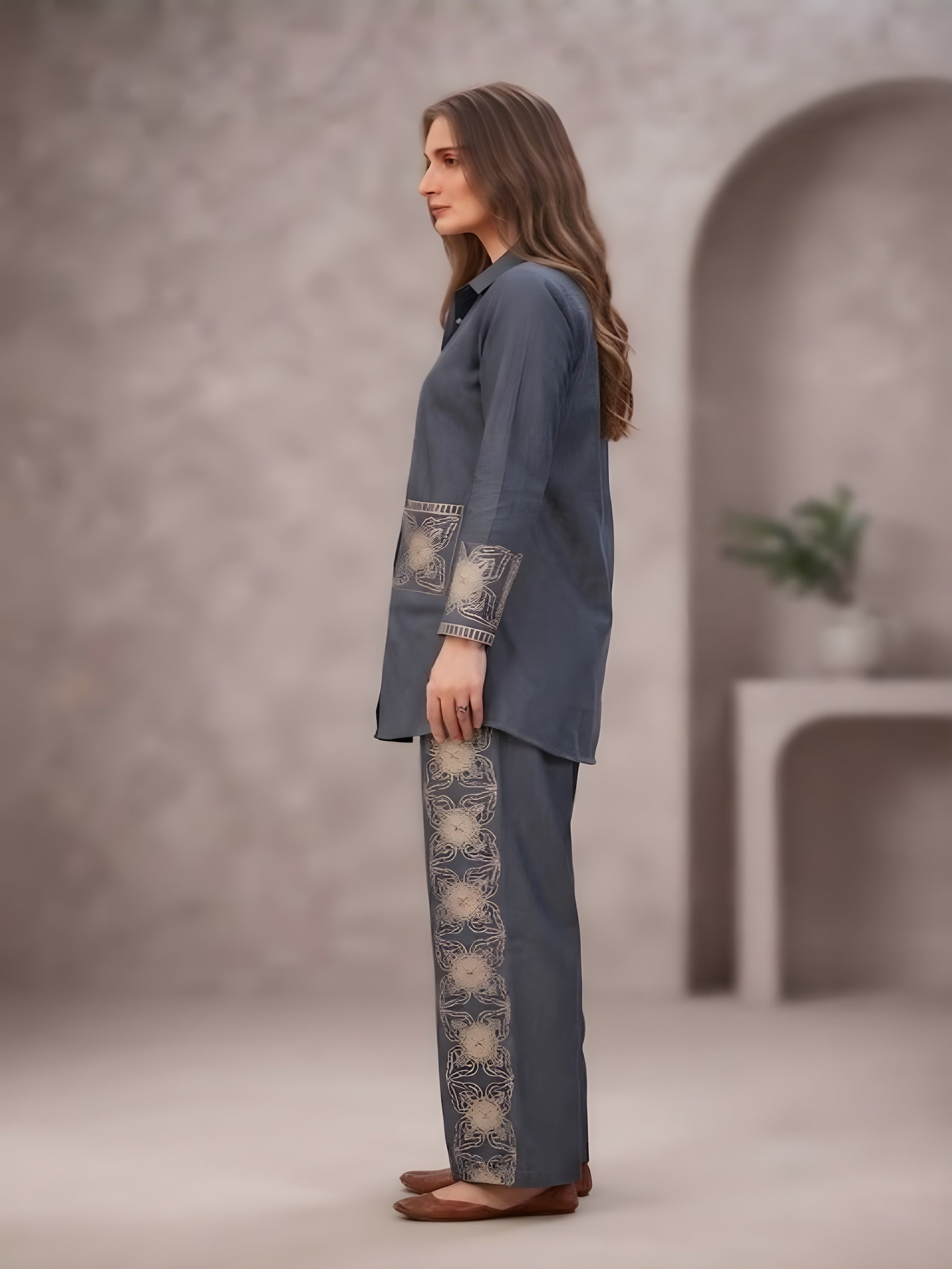 Women's Charcoal Grey Printed Co-Ord Set | Full Sleeve Collared Shirt & Straight Pants