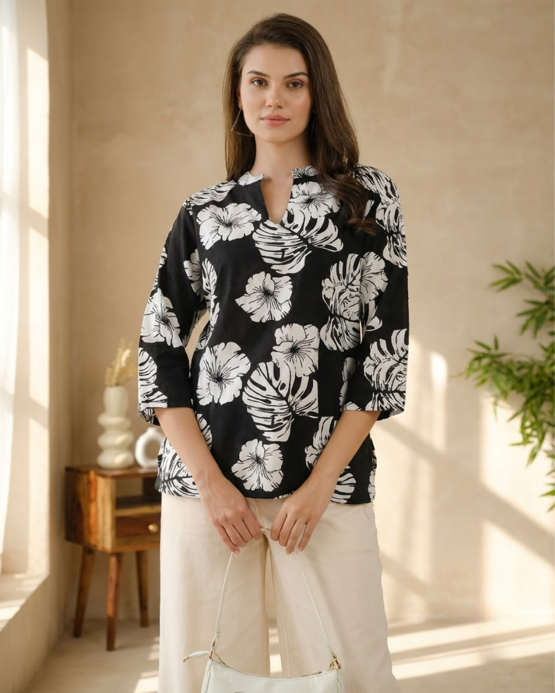 Black Floral Print Top