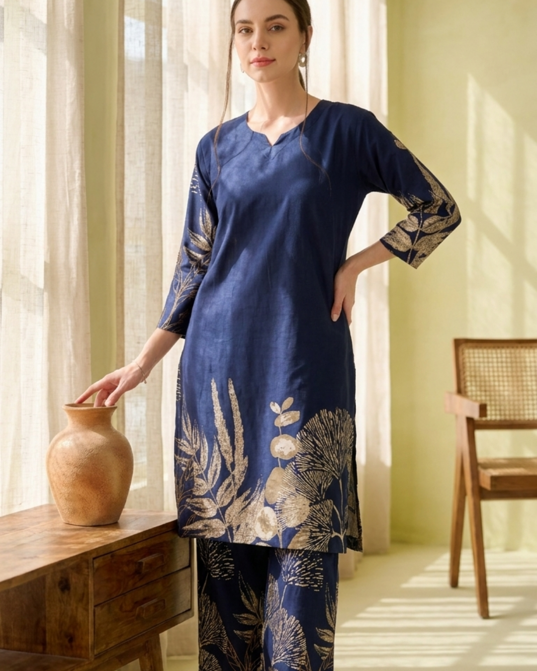 Botanical Print Cotton Kurta Pant Set